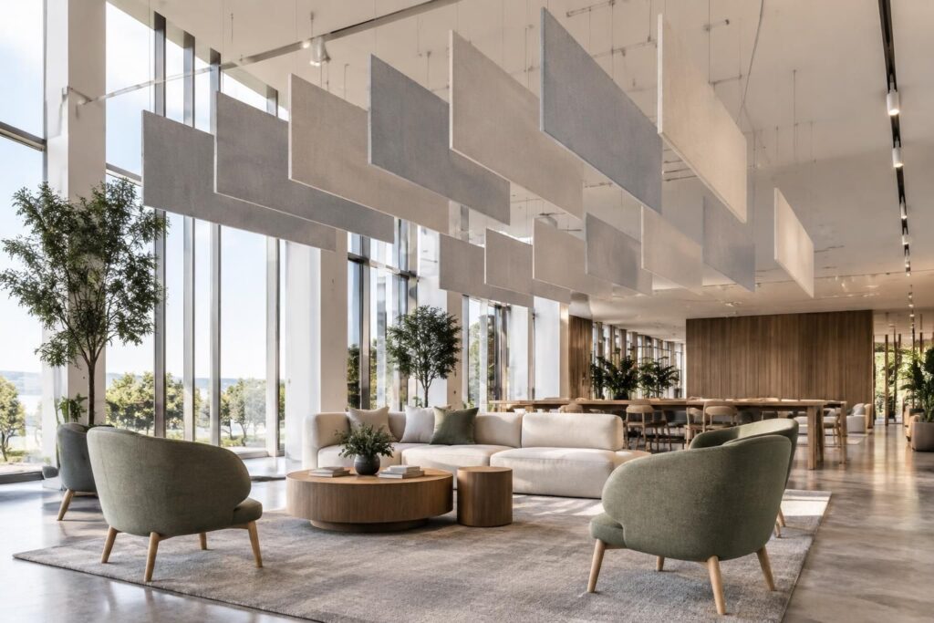 améliorez le confort sonore de vos espaces avec des baffles acoustiques suspendues, alliant absorption efficace et design discret.