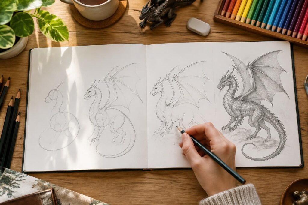 apprenez à dessiner des dragons pas à pas grâce à des techniques simples pour débutants : formes, proportions, ailes et détails fantastiques.